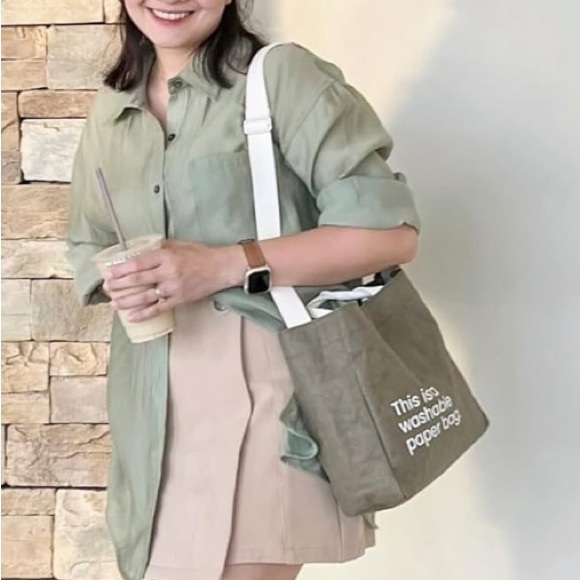 NEW “This is a Washable Paper Bag” Eco Tote Bag Paper Reusable Olive Green - Picture 5 of 7